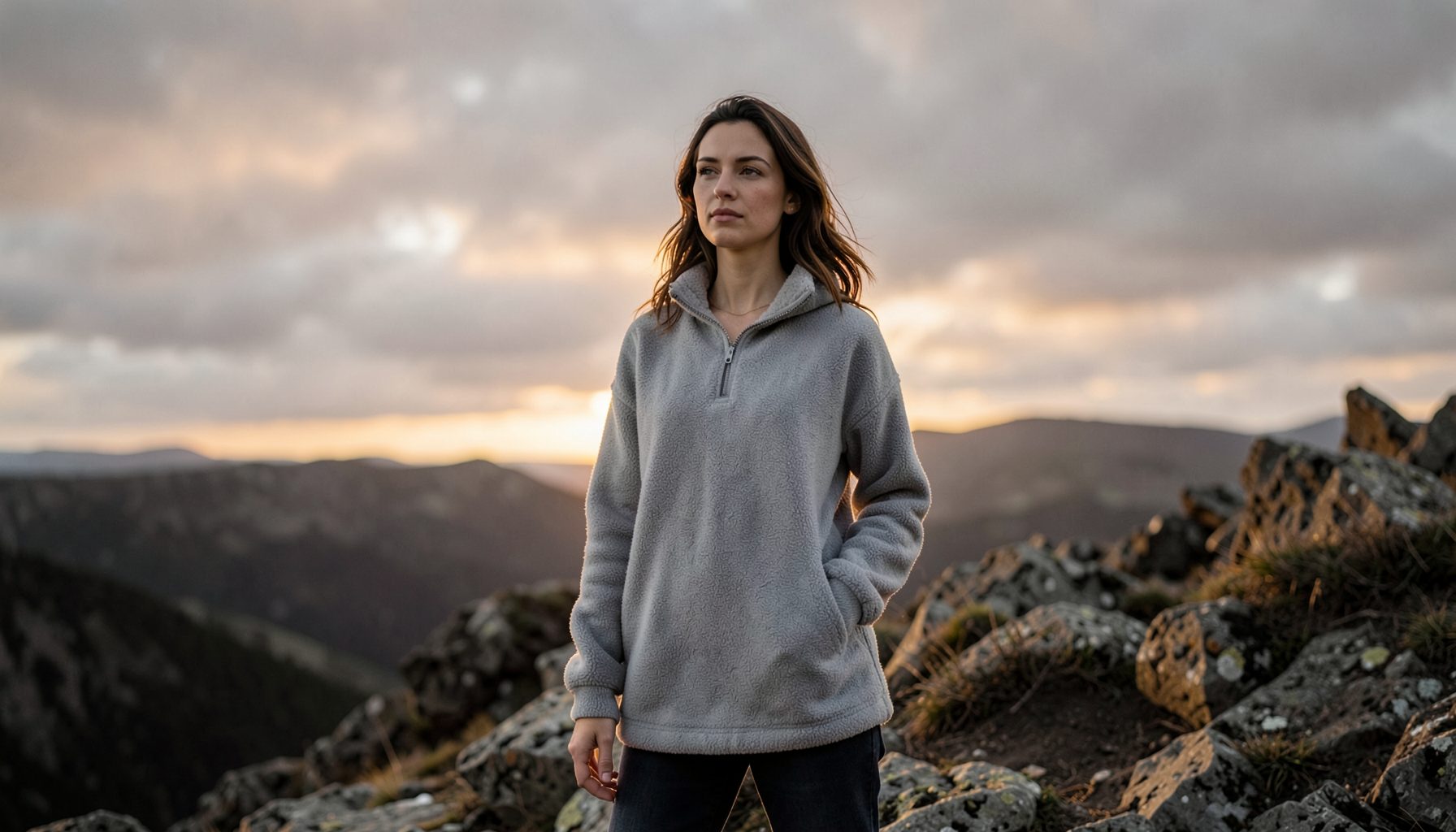 Woman in a soft grey fleece standing on a rocky hillside, overcast sky with warm amber light