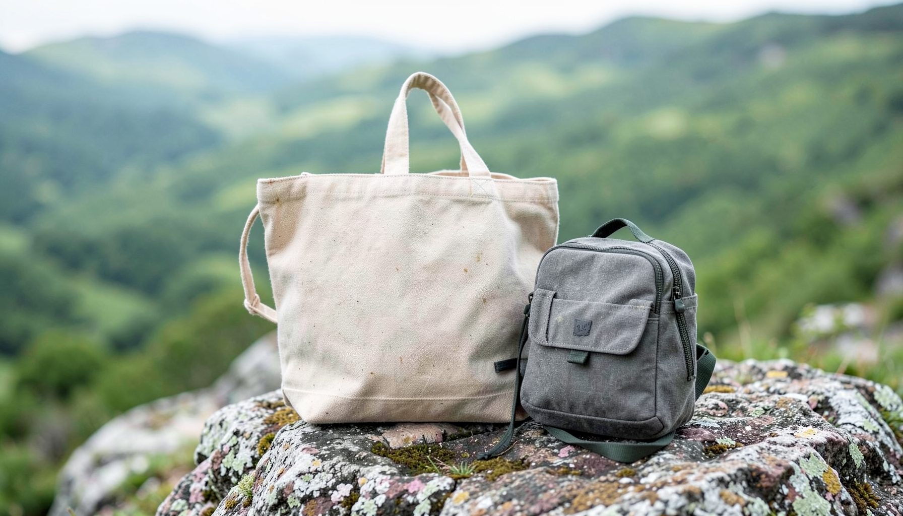 A sturdy canvas tote bag and a compact daypack resting on a rock, with soft green hills fading into the distance