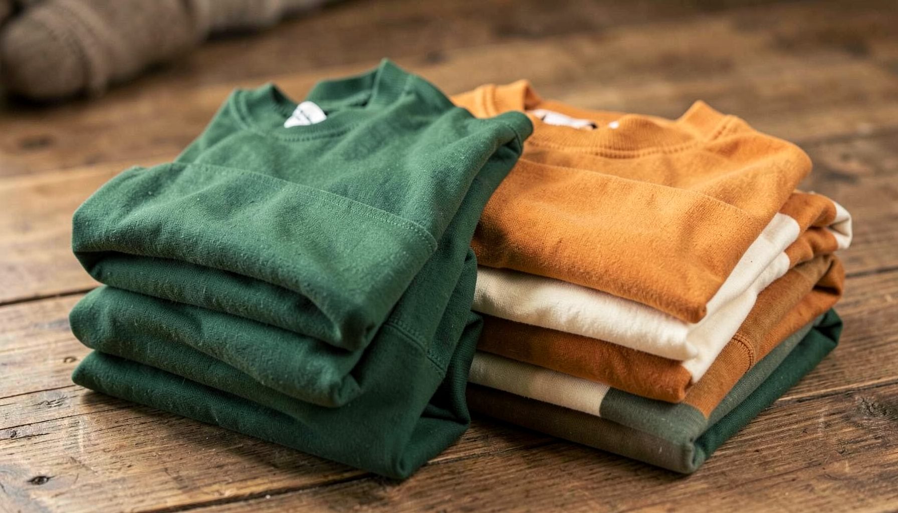Snowdon Shop logo mark on a folded stack of outdoor apparel in forest green, amber, and cream tones