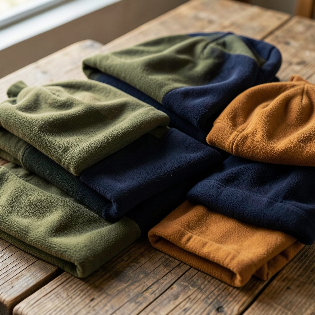 Warm, inviting scene with folded outdoor fleeces and caps in earthy greens, deep navy, and amber tones