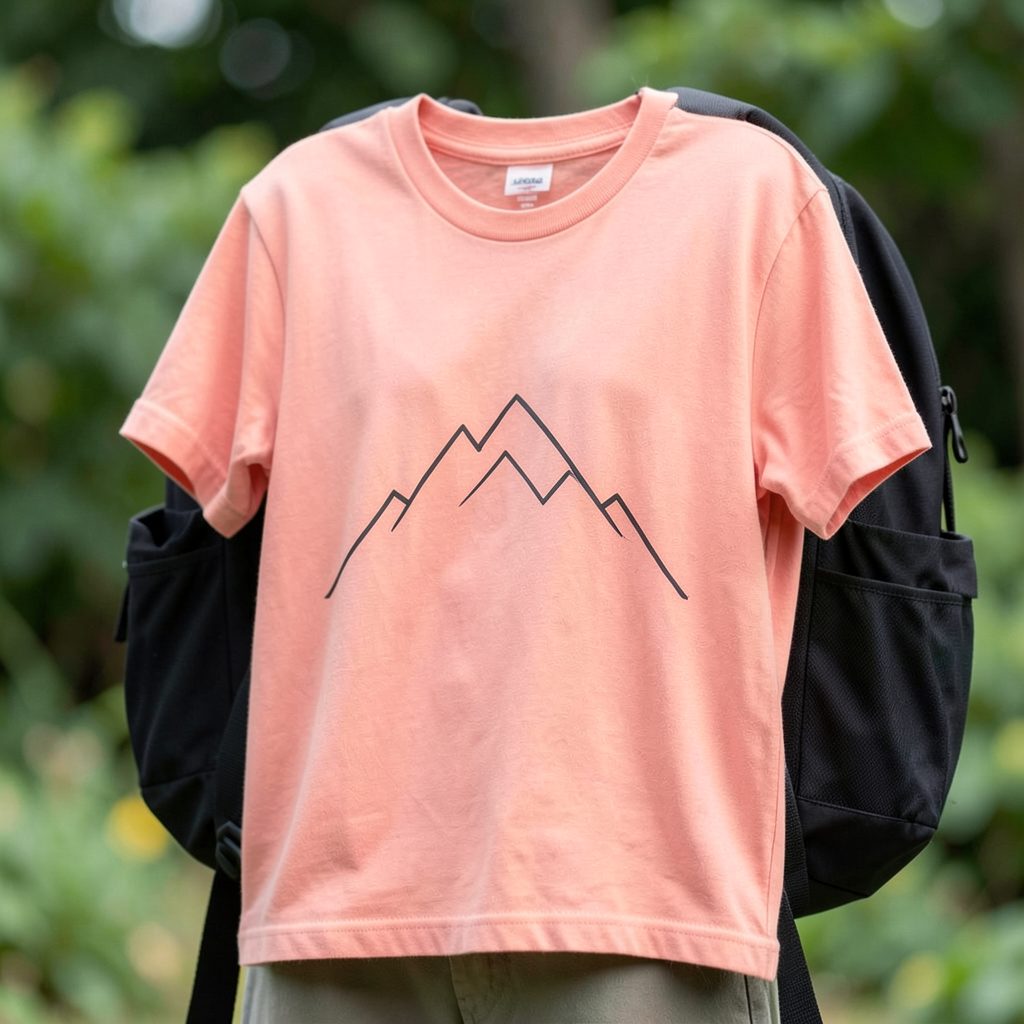 Soft coral-pink T-shirt with mountain outline print draped over a backpack