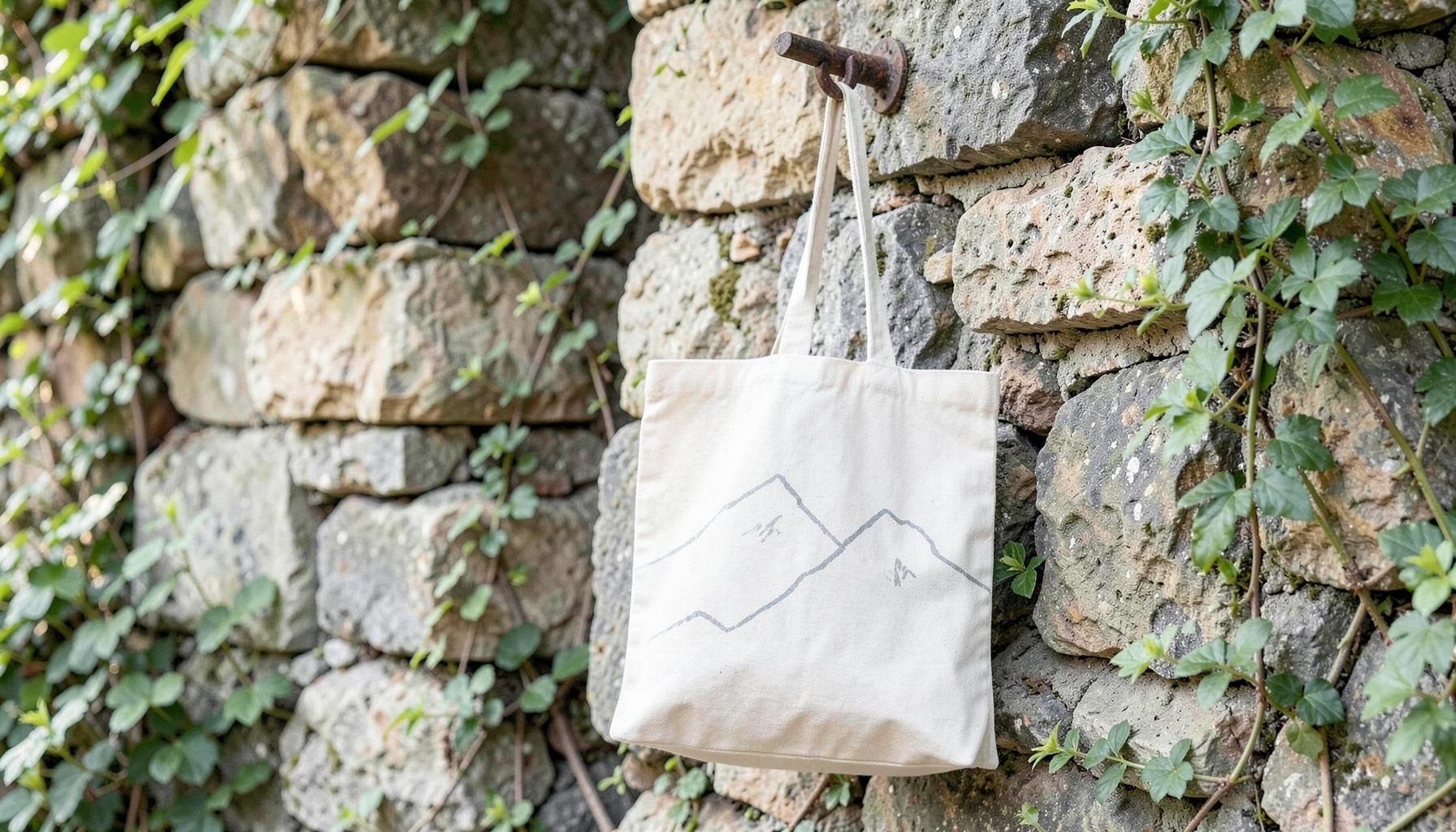 A natural cotton tote bag with a subtle mountain outline, hanging on a rustic hook beside a stone wall with soft green fields beyond