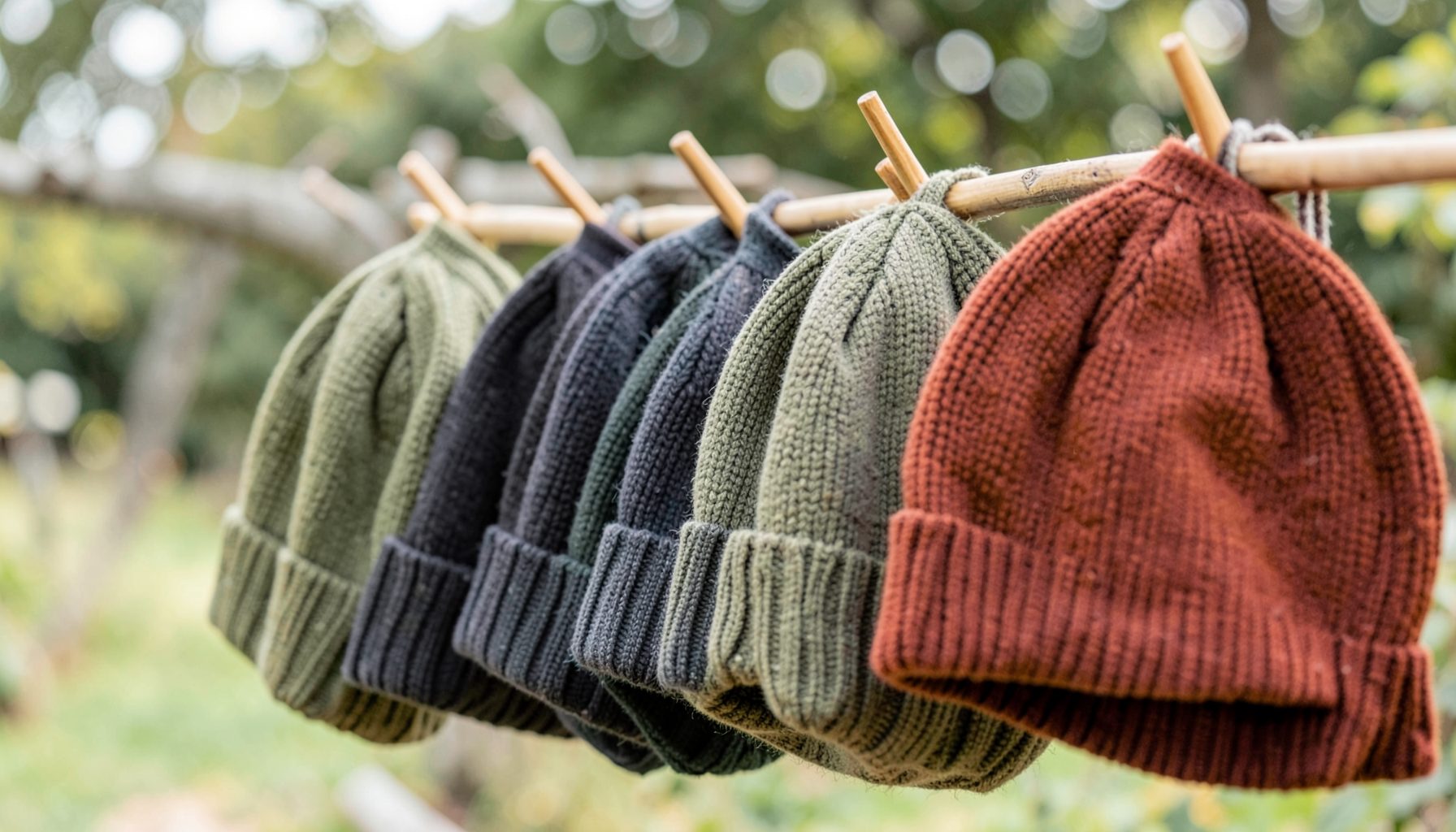 A row of knitted beanies and caps in muted olive, charcoal, and rust, displayed on wooden hooks against a soft-focus outdoor backdrop