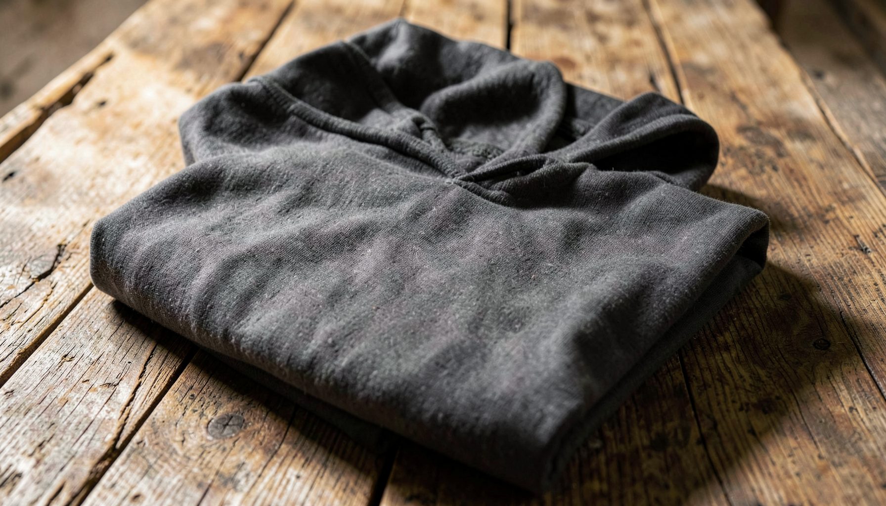 A folded charcoal-grey hoodie on a wooden surface, soft natural light