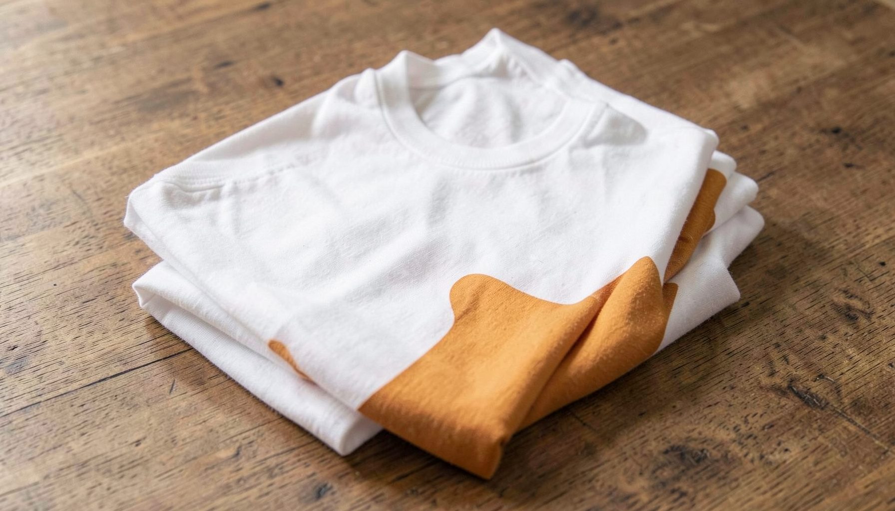A plain cotton t-shirt in white and amber colorway folded on a wooden surface