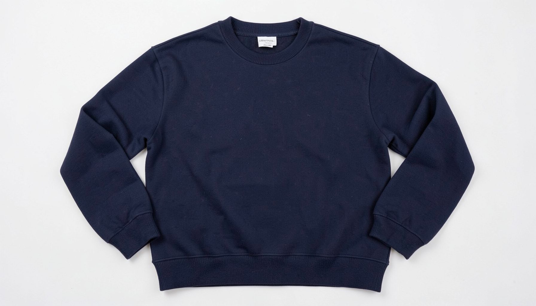 A navy crew-neck sweatshirt laid flat, subtle texture visible