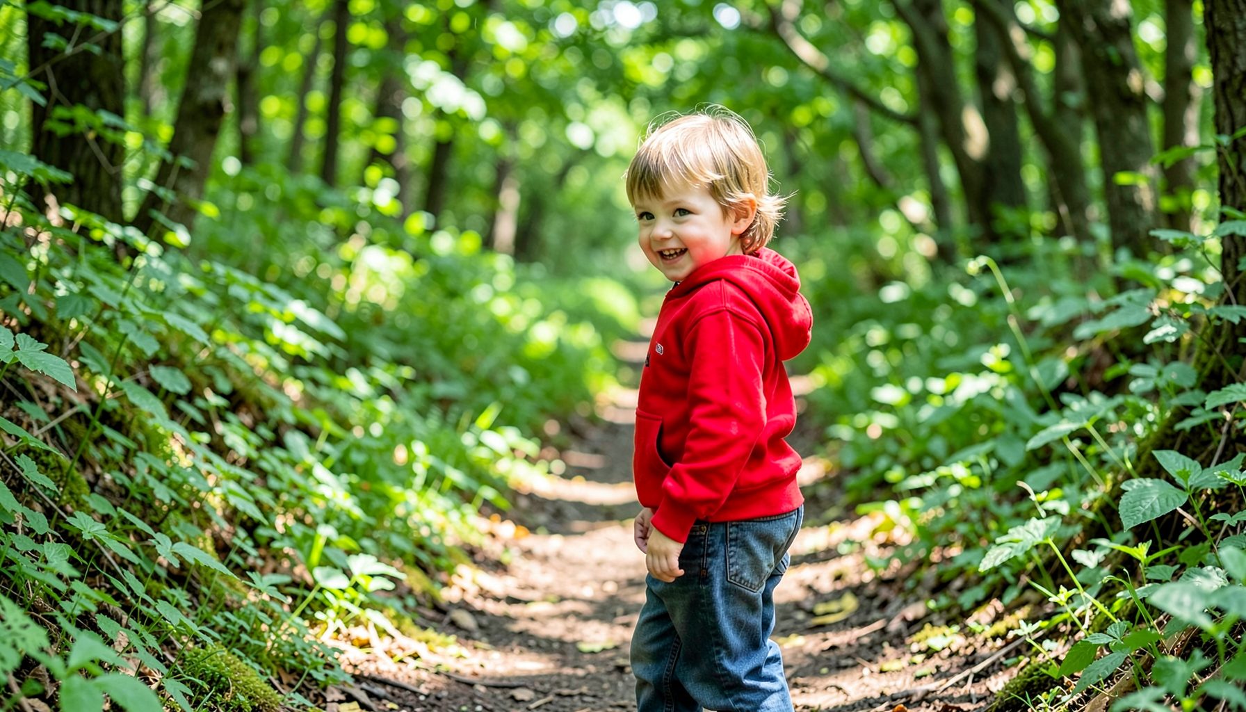Child in bright red hoodie exploring a green woodland path, cheerful natural light