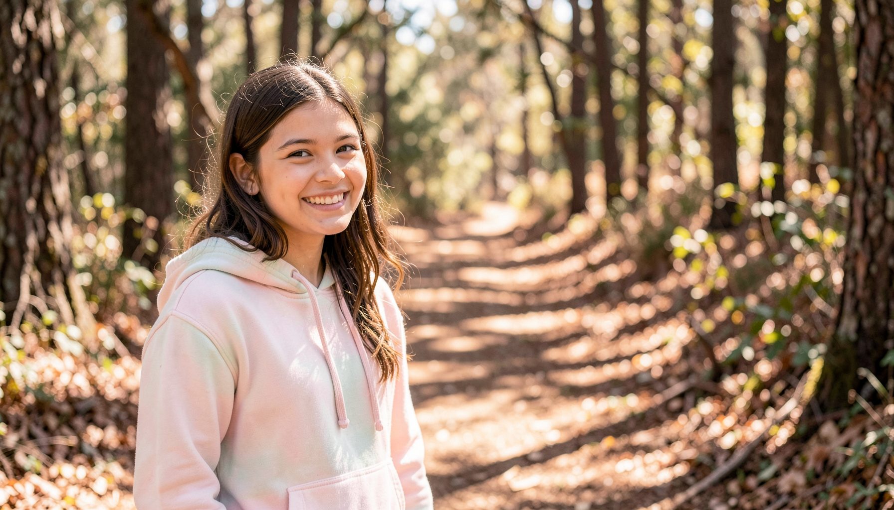 A girl in a pastel hoodie smiling on a woodland trail with dappled sunlight in warm earthy and blush tones