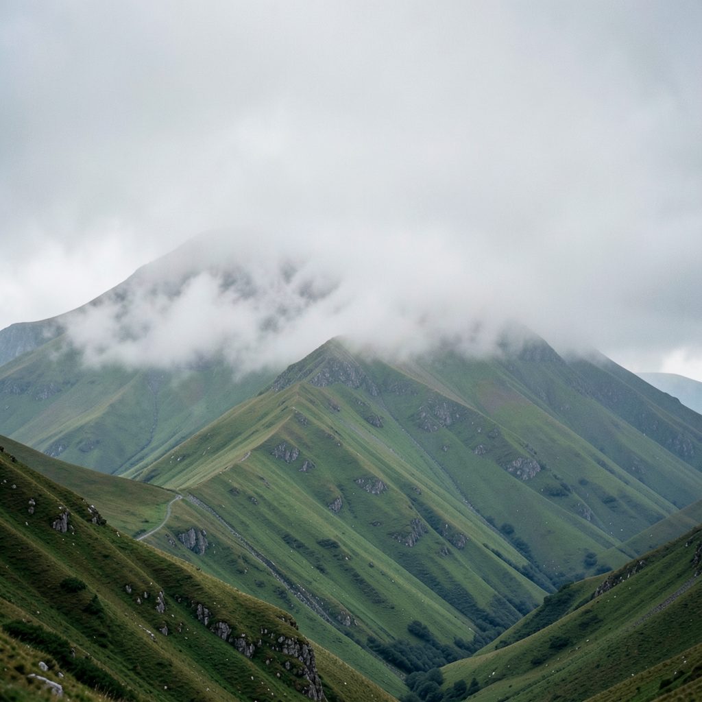 A misty mountain landscape with layered green ridges fading into soft grey cloud