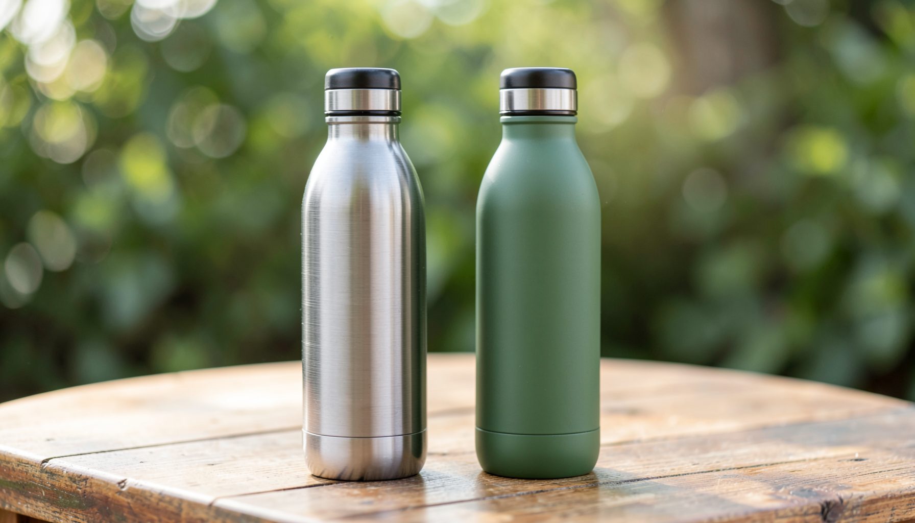 Two reusable water bottles, one brushed steel and one matte green, standing on a wooden table with soft morning light