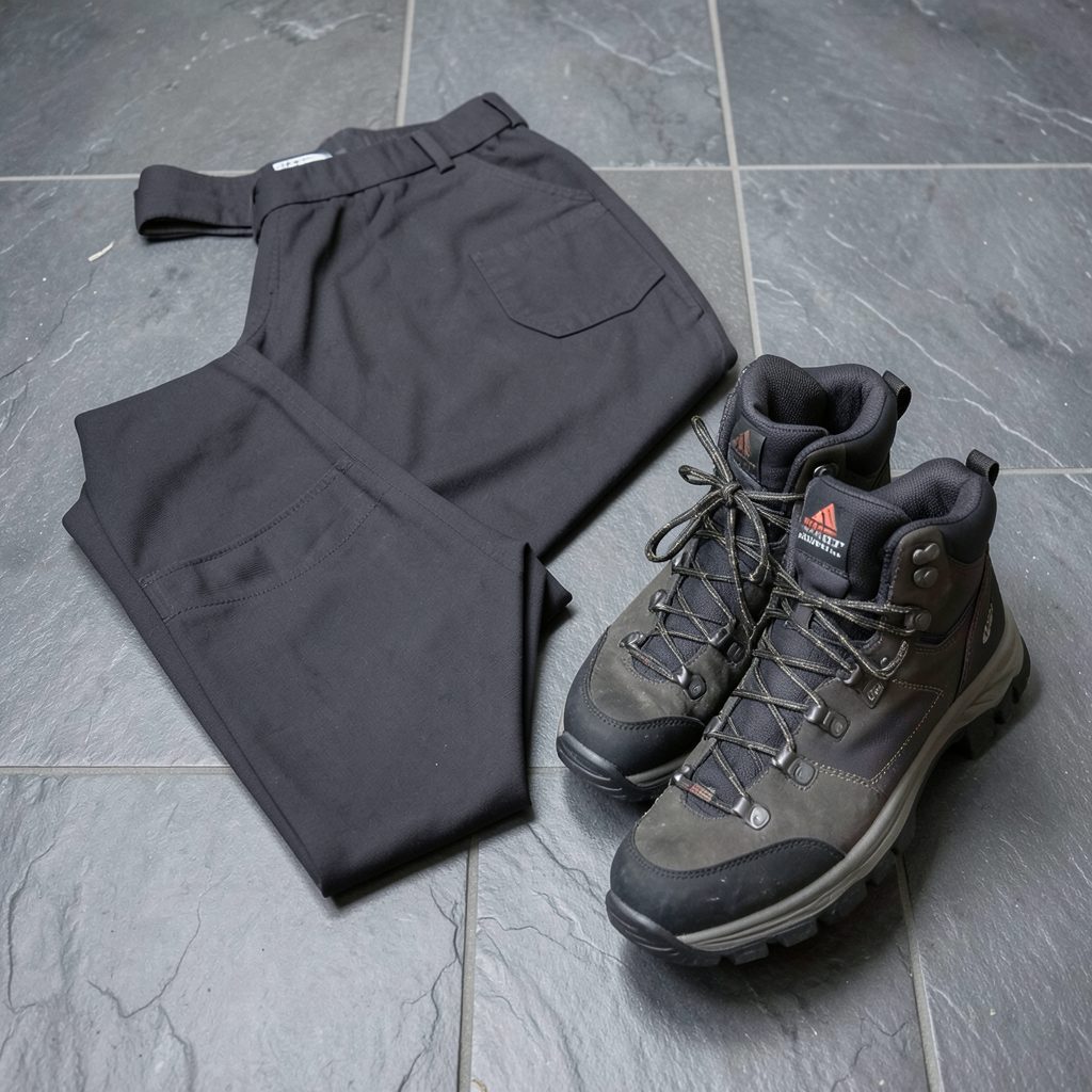 Dark charcoal walking trousers with reinforced knees beside hiking boots