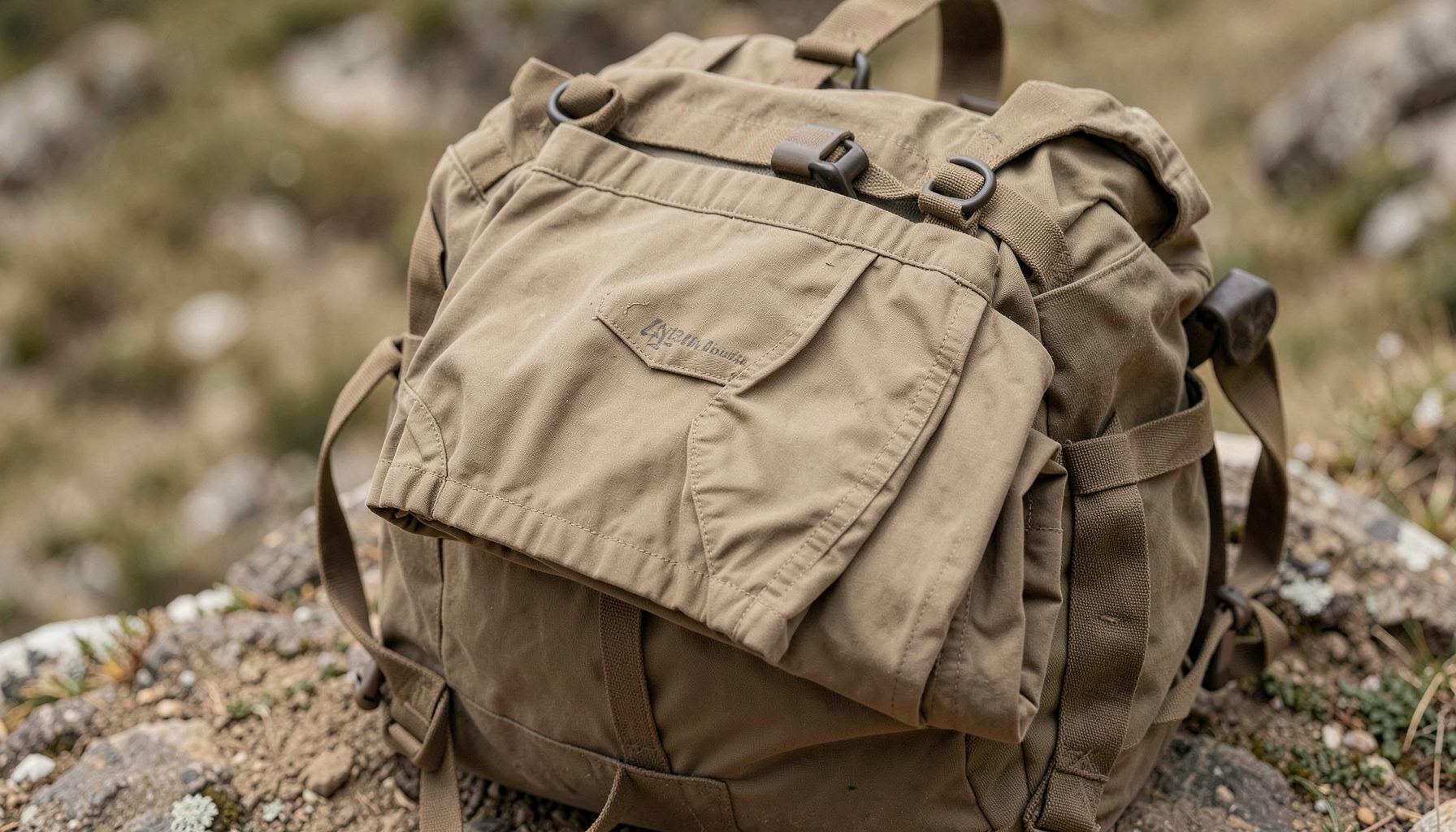 A pair of khaki hiking trousers with reinforced knees, folded over a rucksack