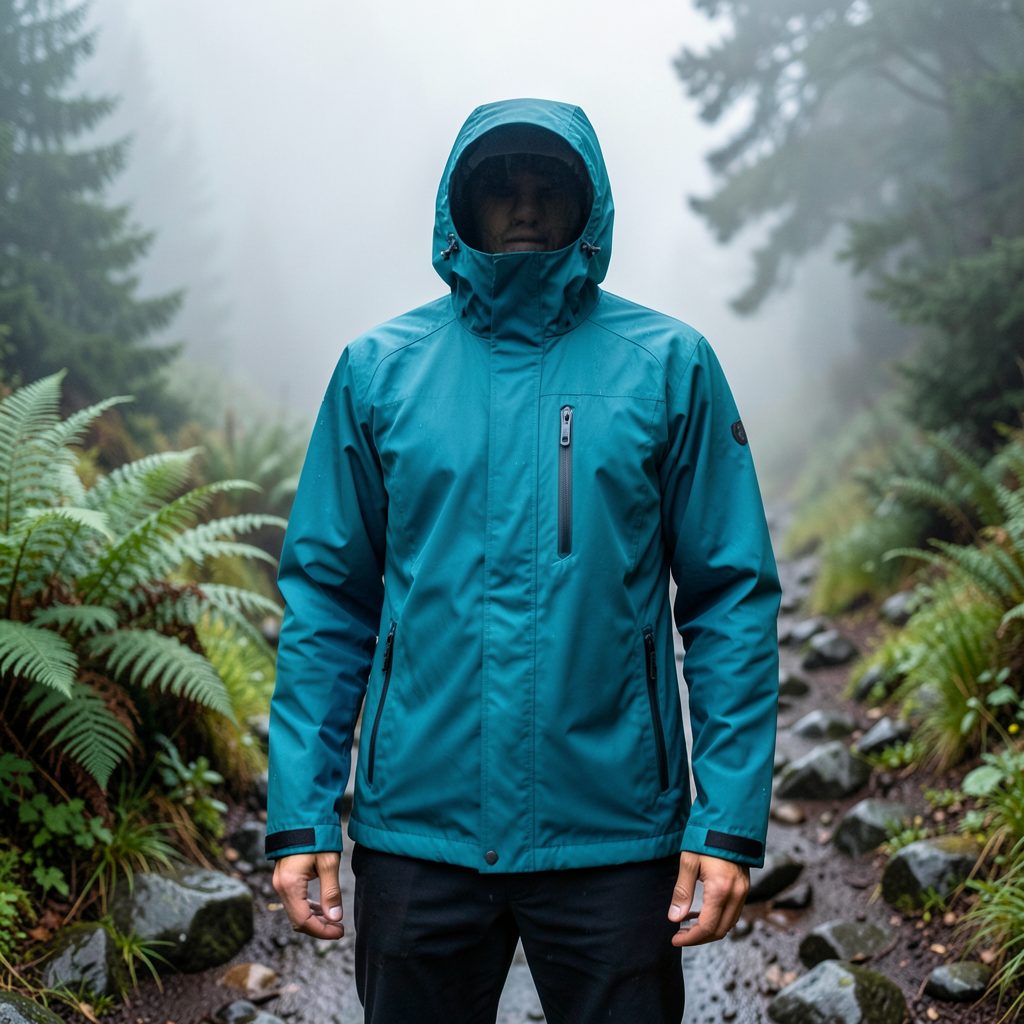 Teal waterproof jacket with zipped pockets on a misty trail