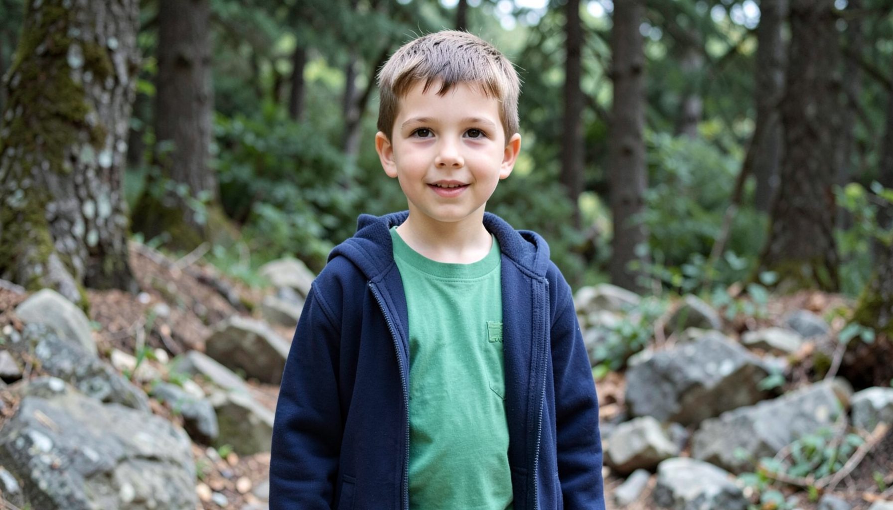 A boy in a navy hoodie and green T-shirt outdoors, soft natural light, forest and stone tones