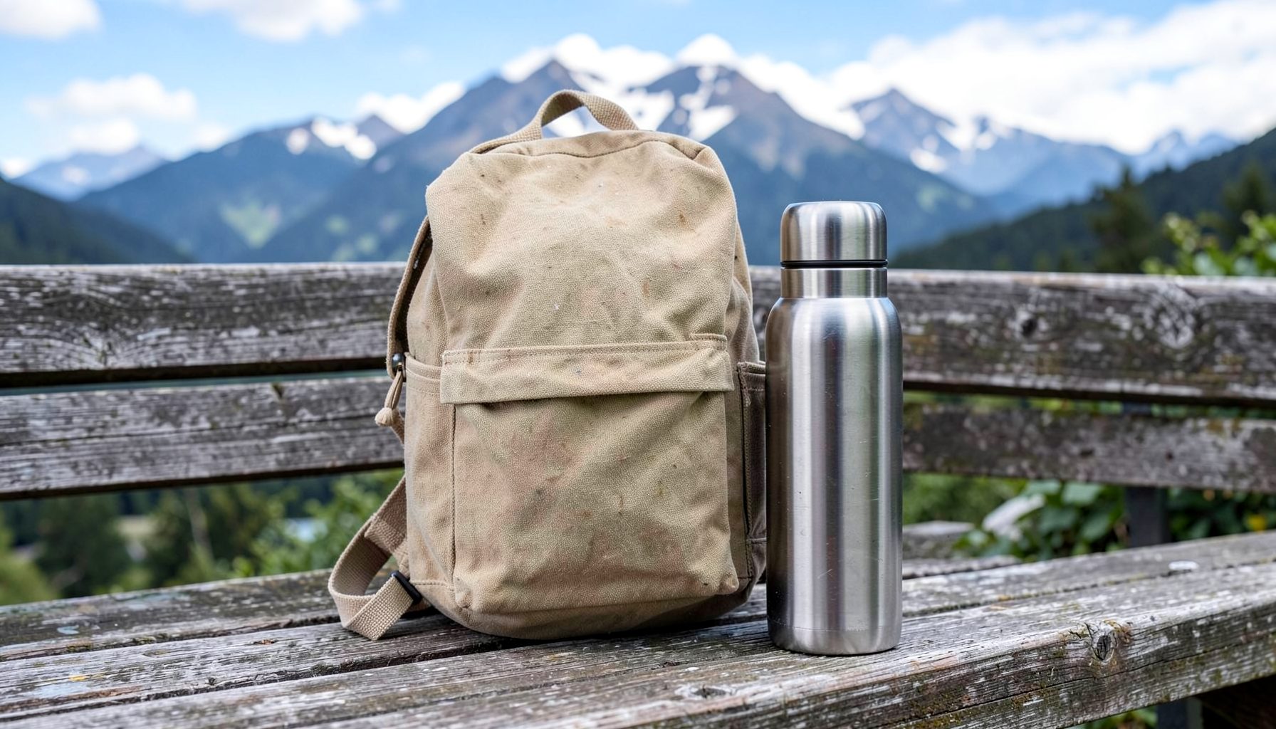 Snowdon Shop logo — canvas backpack and water bottle on a wooden bench with mountain backdrop
