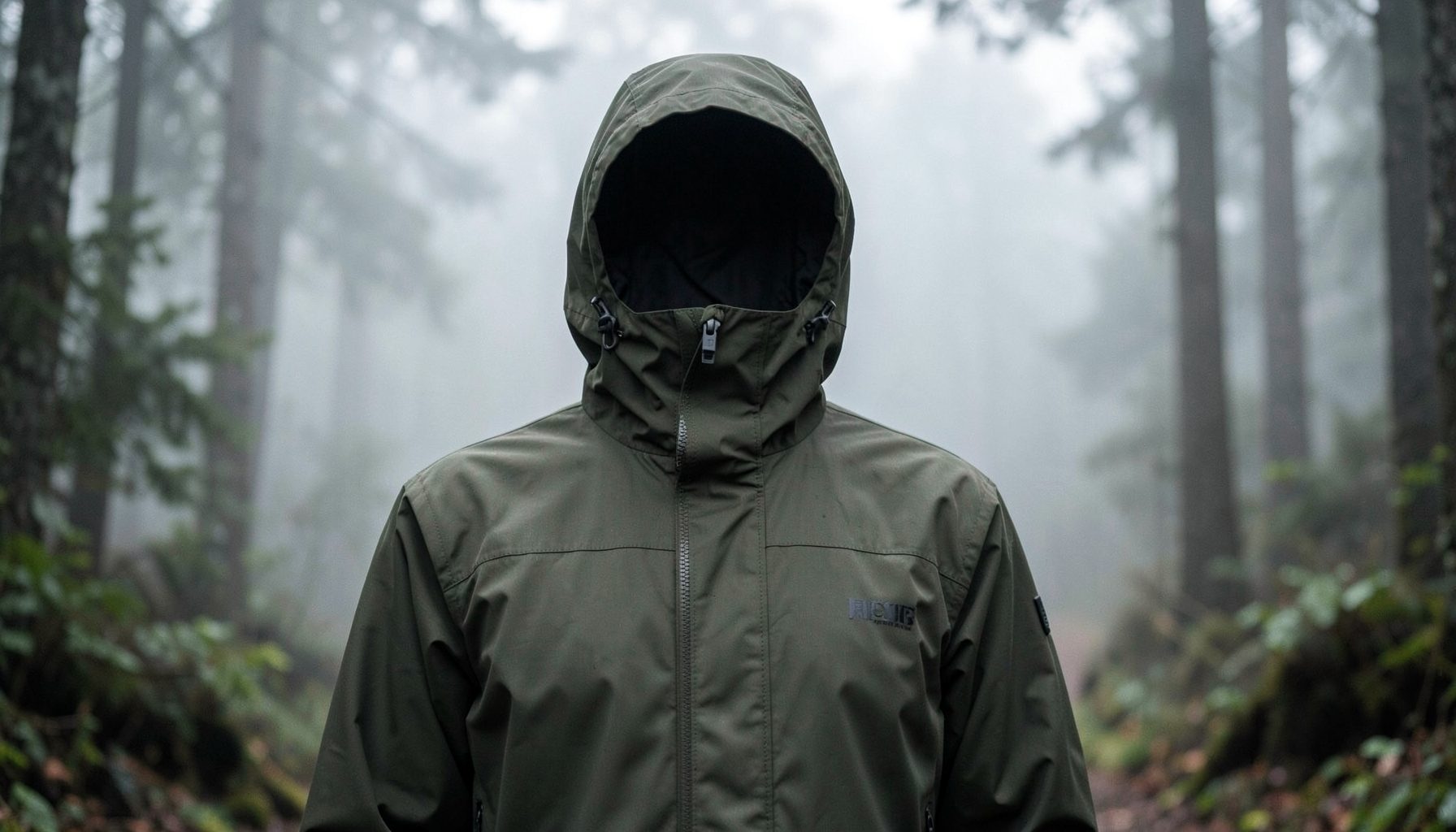 A dark olive waterproof jacket with the hood up, misty forest backdrop