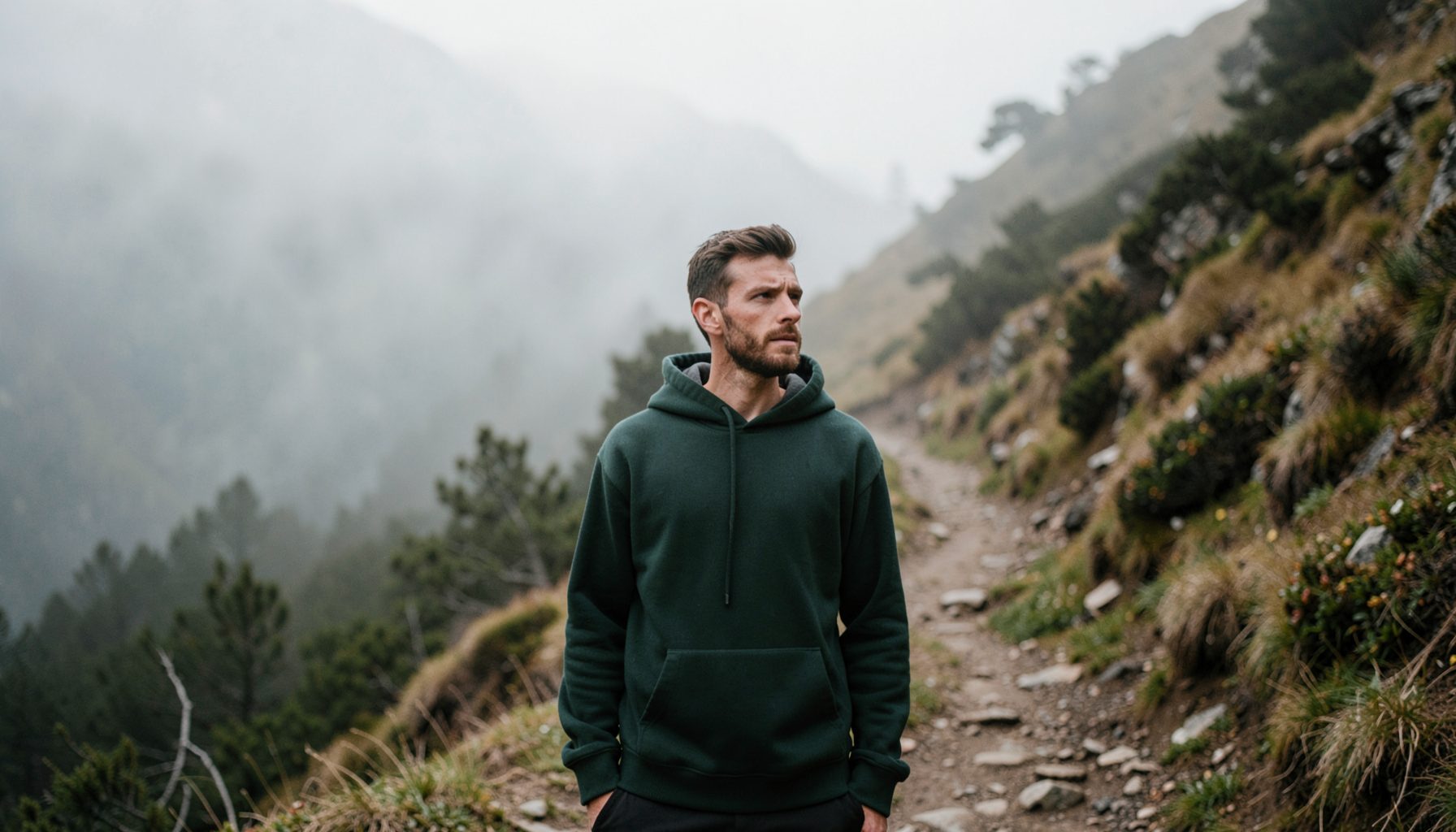 Man wearing a dark green hoodie on a misty mountain trail, muted earthy tones