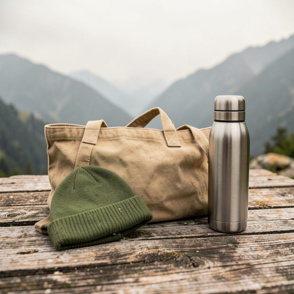 A collection of outdoor accessories laid on weathered wood: a soft beanie, a canvas tote bag, and a stainless steel water bottle