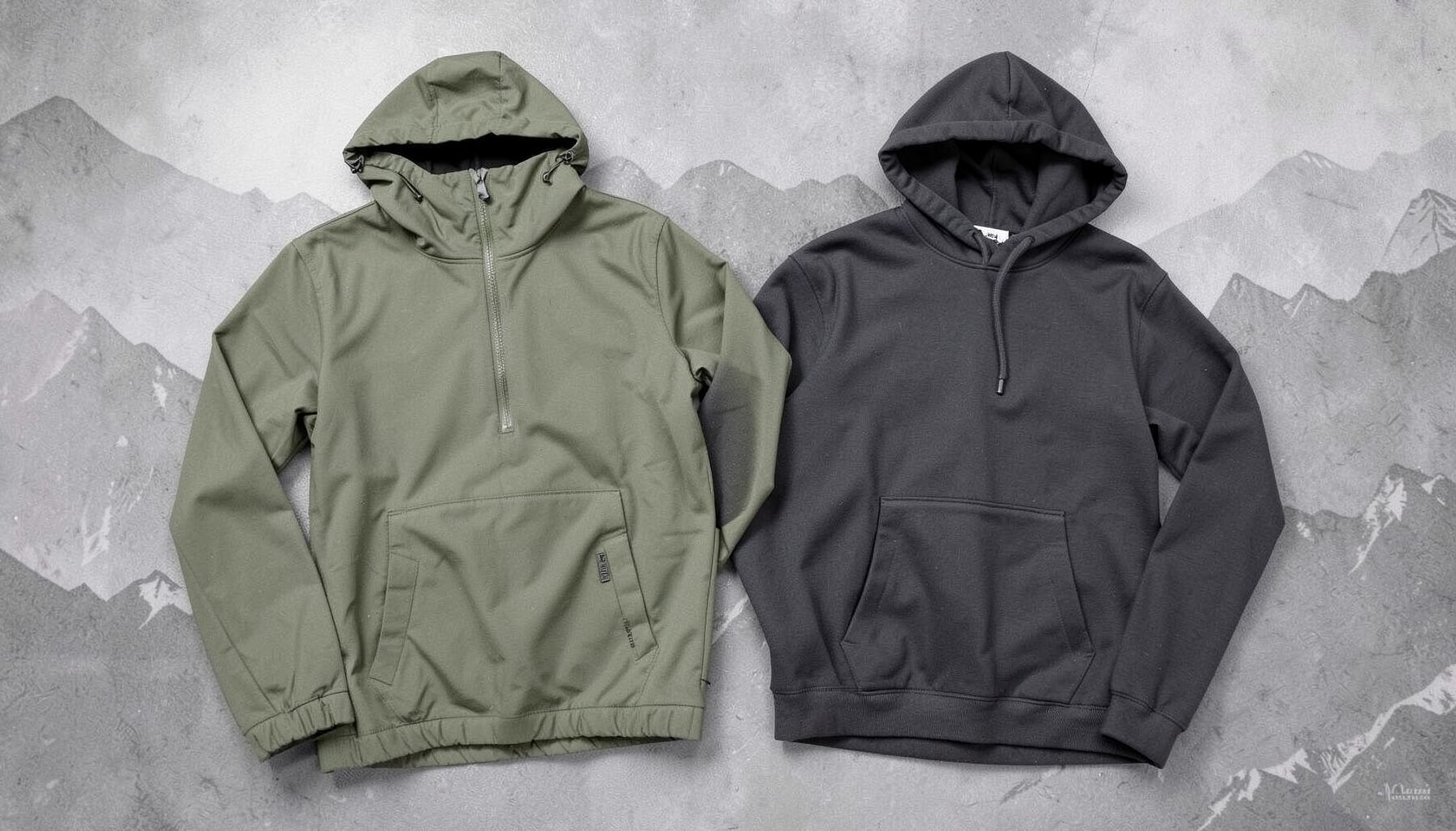 Men's outdoor jacket and hoodie in muted olive and charcoal tones, laid out on textured grey background